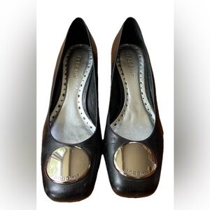 Womens BCBG Leather Wedge Pumps w/Silver Button Sz.8.5B "Odette"